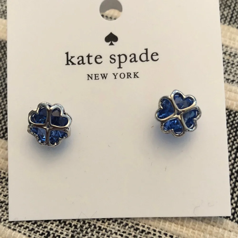 Authentic New on card kate spade blue crystal four-leaf clover stud earrings - Picture 2 of 8